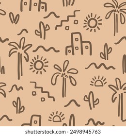 Hand drawn desert desertscape forming a simple pattern in a palette of dark and light brown on a sand background. Great for homedecor, fabric, wallpaper,giftwrap,stationery, packaging design projects.