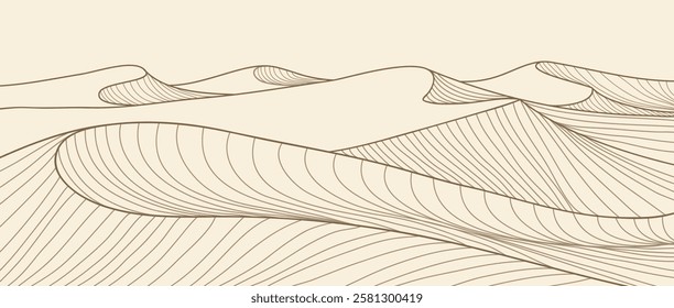 Hand drawn desert illustration sketch with line art print. Abstract contemporary aesthetic background landscape