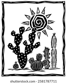 Hand drawn desert landscape. Western landscape sketch with cactus, succulents and sunset. Black line art isolated on white background.