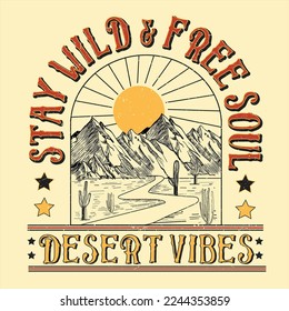 Hand drawn Desert mountain with cactus, Arizona Cactus line vector t-shirt design. desert vibes artwork.