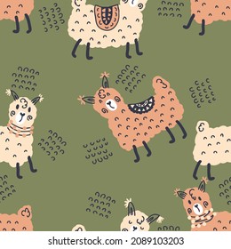 Hand drawn desert seamless pattern of lamas. Perfect for T-shirt, textile and print. Doodle vector illustration for decor and design.
