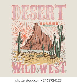 Hand drawn Desert Vintage Retro Pastel Color look wild west , women's colorful desert mountain print artwork , sunrise the desert , cactus print artwork under the desert mountain and sun, 