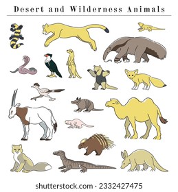 hand drawn desert and wilderness animal illustration set
