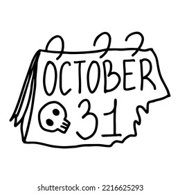 Hand drawn design of 31 october calendar page with skull picture in doodle style
