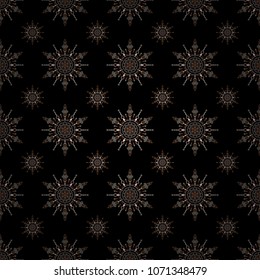 Hand drawn design with abstract winter doodles. Vector Merry Christmas and Happy New Year lettering quote. Brown snowflakes on black background poster.