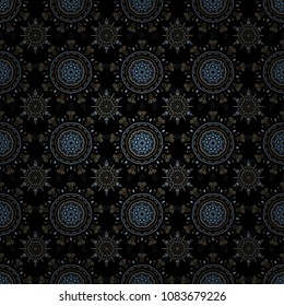 Hand drawn design with abstract winter doodles. Vector Merry Christmas and Happy New Year lettering quote. Blue, beige and brown snowflakes on black background poster.