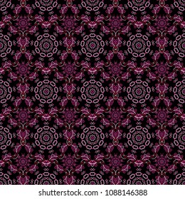 Hand drawn design with abstract winter doodles. Vector Merry Christmas and Happy New Year lettering quote. Magenta, pink and purple snowflakes on black background poster.