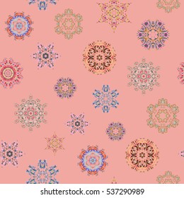 Hand drawn design with abstract winter doodles. Merry Christmas and Happy New Year lettering quote. Abstract vector snowflakes on pink background seamless pattern.
