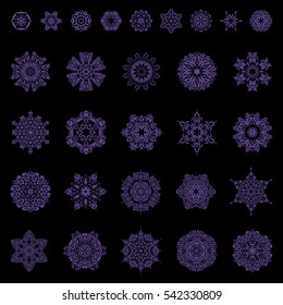 Hand drawn design with abstract winter doodles. Vector Merry Christmas and Happy New Year lettering quote. Violet snowflakes set on black background.