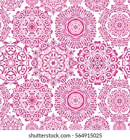 Hand drawn design with abstract winter doodles. Merry Christmas and Happy New Year lettering quote. Abstract vector snowflakes on white background seamless pattern.