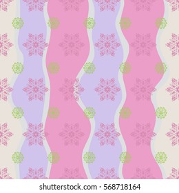 Hand drawn design with abstract winter doodles. Vector Merry Christmas and Happy New Year 2018 lettering quote. Pink and green snowflakes on wave background poster.