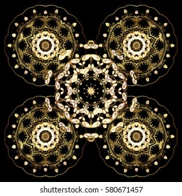 Hand drawn design with abstract winter doodles. Merry Christmas and Happy New Year lettering quote. Abstract vector golden snowflakes on black background.