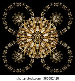 Hand drawn design with abstract winter doodles. Merry Christmas and Happy New Year lettering quote. Abstract vector golden snowflakes on black background.