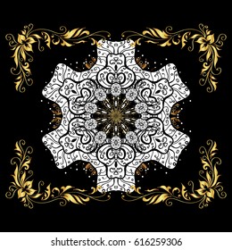 Hand drawn design with abstract winter doodles. Vector Merry Christmas and Happy New Year lettering quote. Black snowflakes on black background poster.