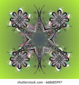 Hand drawn design with abstract winter doodles. Merry Christmas and Happy New Year lettering quote. Abstract vector snowflakes on colorfil background ornamental pattern.