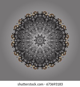 Hand drawn design with abstract winter doodles. Vector Merry Christmas and Happy New Year lettering quote. Golden snowflakes on gray background poster.