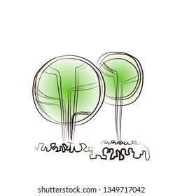 Hand drawn design. Architectural design style. Two abstract trees for decoration of background images. Concept for headers, images, sites, banners, covers. Theme of ecology and nature. Copyspace