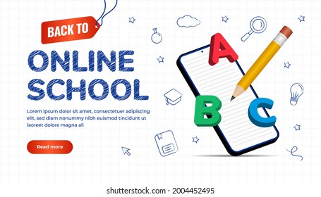 Hand drawn design back to school concept with editable text effect. Landing page online school with 3d pencil, alphabet and smartphone.
