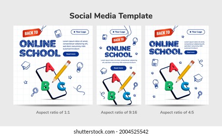 Handgezeichnetes Design zurück zum Schulkonzept. Social Media Vorlage Online Schule mit 3D Bleistift und farbige Bleistifte Illustration.