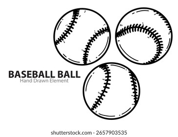Diseño dibujado a mano de una pelota de béisbol con varios ángulos diferentes, tinta de línea gruesa negra, Ilustración vectorial de fondo blanco