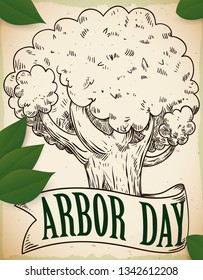 Hand drawn design with beautiful tree and a ribbon with some leaves scattered around it to celebrate Arbor Day.