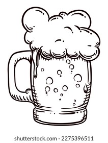 Hand drawn design with beer mug with bubbles and foam. Illustration in retro style and outlines.