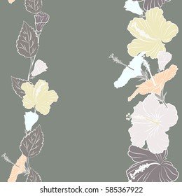 Hand drawn design in beige and gray colors for invitation, wedding or greeting cards, textile, prints or fabric. Vector hibiscus floral pattern with copy space. Floral seamless hibiscus flower pattern