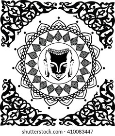 Hand drawn design of a buddha 's face with an abstract background