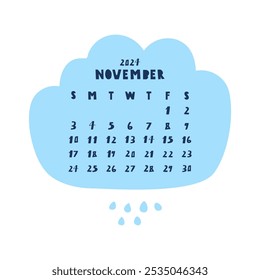 Hand drawn design. Calendar for November 2024. Childish style illustration. Vector design on white background. 