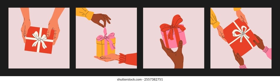 Hand drawn design cards set. Human hands hold, give and open present boxes. Holiday surprise concept for birthday, Christmas, celebration and other anniversary. Backgrounds for print, poster, banner