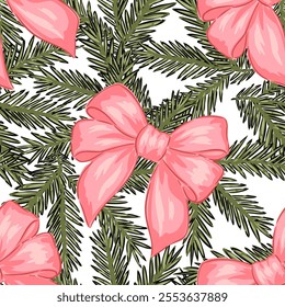 Hand drawn design Christmas pattern pink bows and green pine branches foliage in a festive arrangement for celebration. Vector illustration