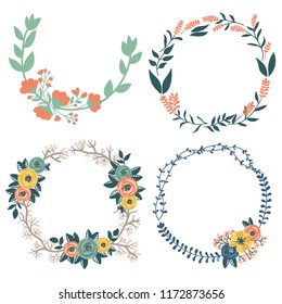 Hand drawn design of colorful floral wreaths elements set.  For invitation and wedding card.Vector illustration design.