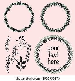 Hand drawn design of colorful floral wreaths elements set. For invitation and wedding card.Vector illustration design.