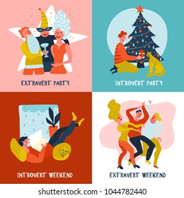 Hand Drawn Design Concept With Extravert And Introvert During Festive Party And Weekend Isolated Vector Illustration 