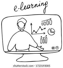 Hand drawn design concept of online education, training and courses, learning, video tutorials. Blogger Live Streaming. Man on monitor. Doodle vector illustration