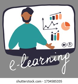 Hand drawn design concept of online education, training and courses, learning, video tutorials. Blogger Live Streaming. Man on monitor. Flat vector illustration