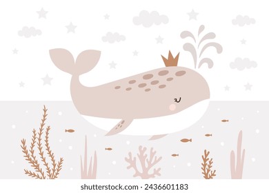 Hand drawn design with cute whale. For children's wallpapers  in scandinavian style. Baby room design. Vector illustration. 
