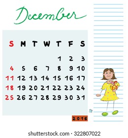 Hand drawn design of the December 2016 calendar with kid illustration, gifted student profile for schools
