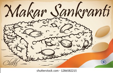 Hand drawn design of a delicious and traditional chikki snack and some peanuts scattered around it with India flag, ready to be delighted during Makar Sankranti festival.