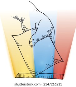Hand drawn design with hand depositing a vote and tricolor lights like Colombia's flag.