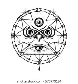 Hand drawn design with a dreamcatcher, owl and all seeing eye.  Design in boho style. Ethnic symbol for fashion, print, label, poster. Shamanism, religion, occultism.