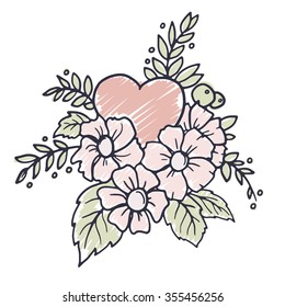 Hand drawn design element with heart, flowers, leaves and decorative florals, vector illustration