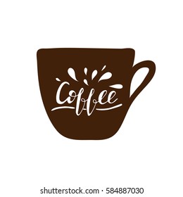 Hand drawn design element with lettering "Coffee" and splashes on a cup shaped background. Vector illustration.