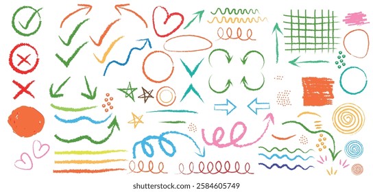 Hand drawn design element set.
Arrow abstract brush line stroke color vector set. Kid color paint square, spiral, line brush,Grunge abstract chalk, , crayon pencil style. Vector