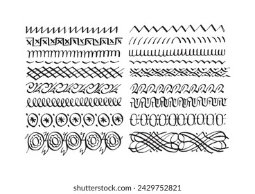 Hand drawn design elements. Calligraphy set, decorative symbols, book decoration. Black ink design, classic art. Calligraphic design elements and page decoration, useful decoration elements