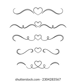 Hand drawn design elements collection. Elegant frames with heart, dividers, calligraphic lines, borders, swirls.