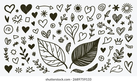 Elementos de design desenhados à mão com folhas de corações e ilustrações de rabiscar
