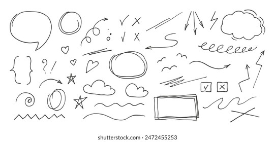 Hand drawn design elements. Line, arrows, stars, hearts, circle, marker stroke emphases, cloud speech bubble, highlight, check marks. important underline, sketch. Doodle sketch vector illustration