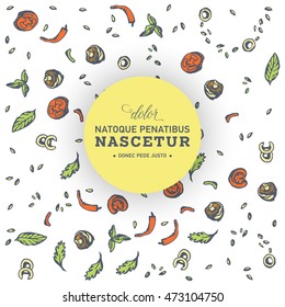 Hand drawn design elements, patterns and backgrounds for organic, healthy and vegan food packaging - green labels and emblems for vegetarian products, shops and websites with copy space