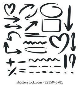 Hand drawn design elements set in doodle style. Arrows, brush strokes, markers, signs and symbols isolated black on white background. Simple ink sketch accents for text vector illustration